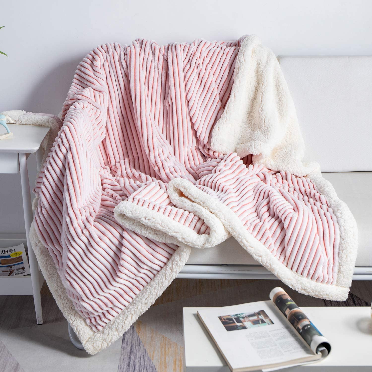 Ffiy Sherpa Fleece Blanket Reversible Sherpa Flannel Blanket Soft Fuzzy Plush Fluffy Blanket Warm Cozy With Strip Perfect Throw For All Seasons For Co