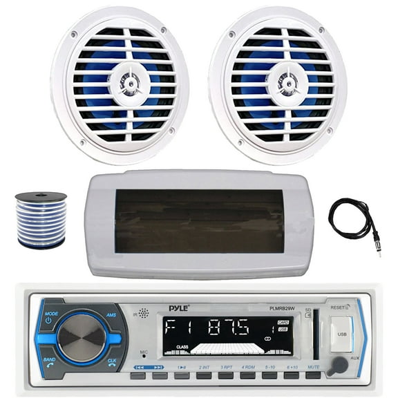 Pyle PLMRB29W Single DIN Bluetooth Marine MP3 AM/FM Stereo Receiver with White Cover, 22" Radio Antenna, Wire, 2x 5.25'' 100 Watt Peak Full Range Dual Cone Waterproof Stereo Speakers (White)