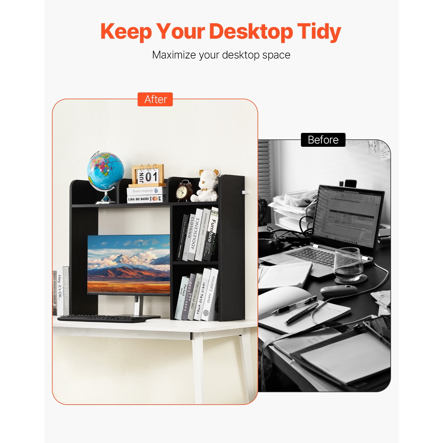 KFFKFF Tabletop Bookcase, Dual-Level Desk Storage Solution, Dimensions 37.2" x 9.5" x 28.9", Office Rack Wooden Showcase, Tabletop Bookcase Hutch with Non-Slip Foot Pads, Black