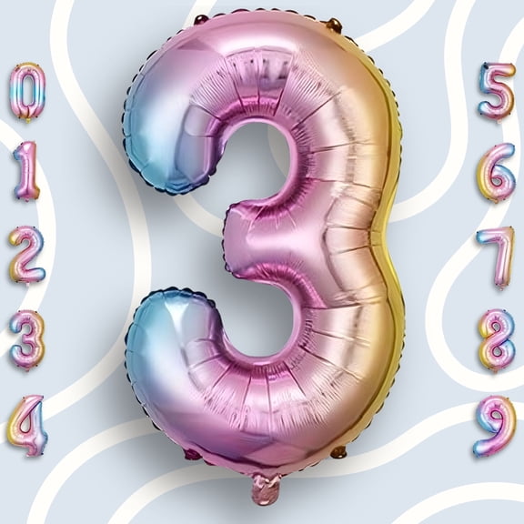 Rainbow Number 3 Foil Balloon 40" - Helium/Air Inflatable Multicolor Ombre Gradient Mylar Numeral Balloons - 3rd Birthday Party & Third Anniversary