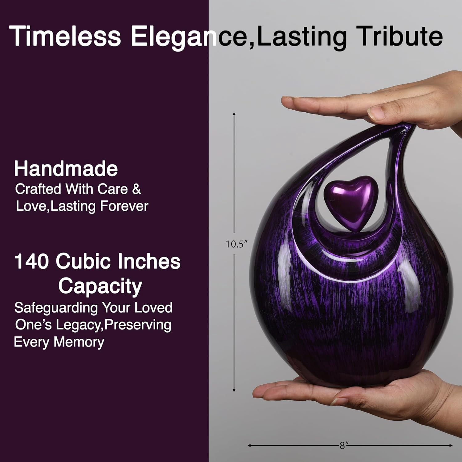 Tear Urn for Ashes 2.5L - Black & Purple Aluminum with Heart Insert - Teardrop Urns for Human Ashes - Cremation Urns for Adult Male/Female - Decorative Burial & Funeral Urn