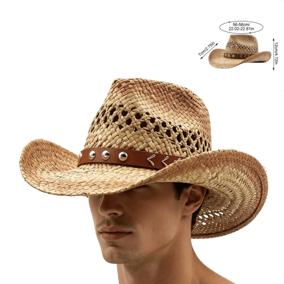 OIOLOYJM Straw Cowboy Hats for Men Women Western Sun Protection Hollow Out Cowgirl Hat with Decoration Band Halloween Cosplay Happy Travel Rancher Hat Coffee