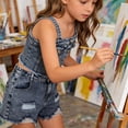 thumbnail image 6 of EnJoCho Teen Kids Girls Summer Clothes Denim Cam𝗂sole Top + Raw Hem Ripped Jeans Shorts 2PCS Outfits Trendy Crop Tank Tops Short Set Preschool Girls Matching Shirt and Shorts Set, 6 of 9