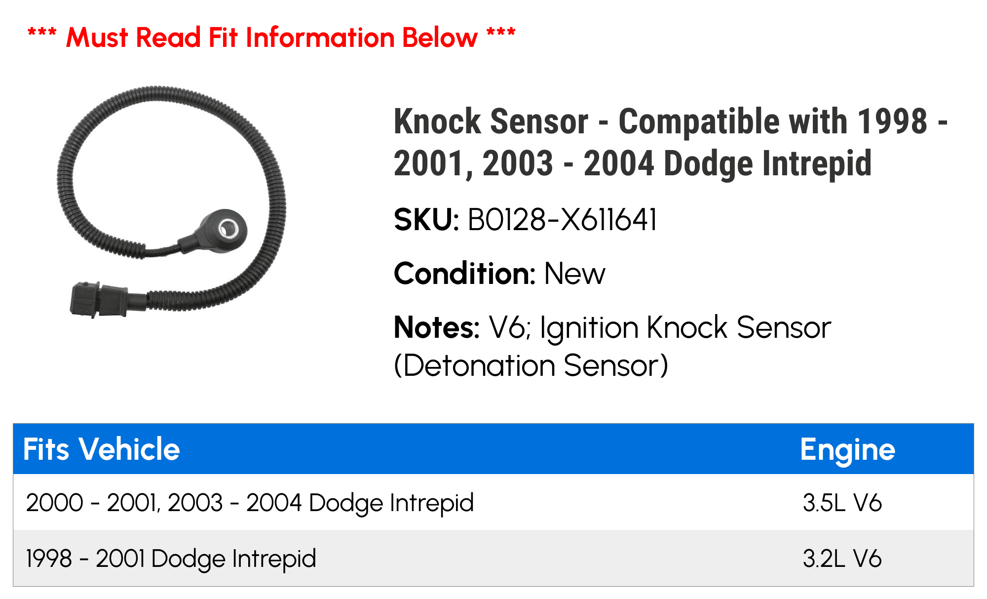 Knock Sensor - Compatible with 1998 - 2001, 2003 - 2004 Dodge Intrepid 1999 2000