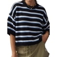 thumbnail image 2 of Women's Striped Crew Neck Drop Shoulder Short Sleeve Cropped Knit Sweater Black L, 2 of 7