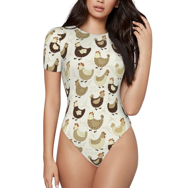 Saiise Motif Dessin Animé Poulet Grenouillère à Manches Courtes pour Femmes Col Rond Pyjama Justaucorps Extensible avec Fermeture à Pression-TTTG