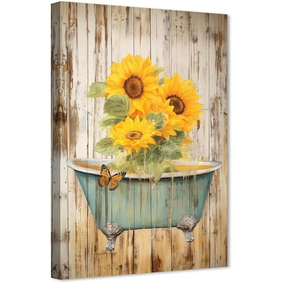 ZHONGYUTONG Bathroom Wall Art Sunflower Butterfly in Bathtub Poster Prints Funny Bathroom Artwork Yellow Flower Canvas Picture for Rustic Farmhouse Bathroom Decor (12.00" x 18.00")