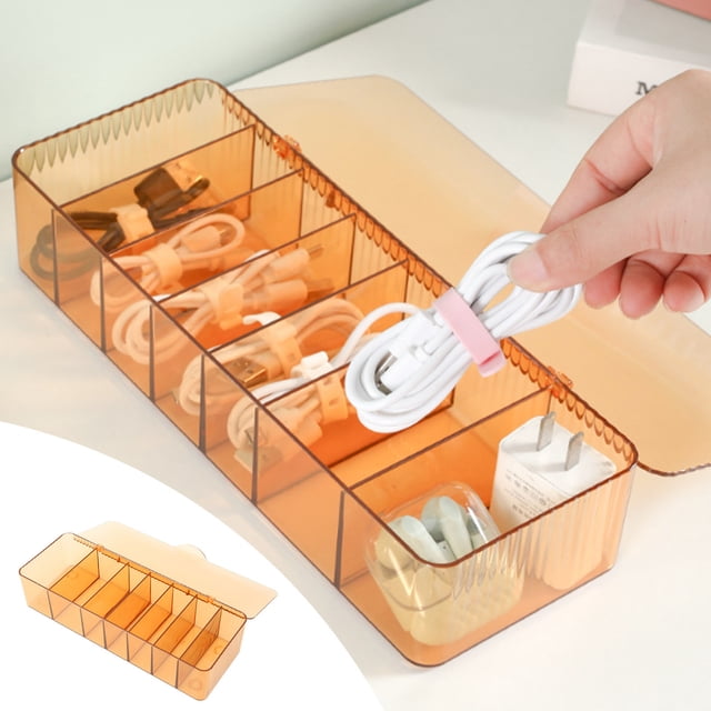 Suncoda Organization and Storage Clear Electronics Organizer Box,7 Compartment Storage Boxes,Electronic Accessories Case for Desk Drawer,Data Cable Storage Box for Home, Office (with Cover)