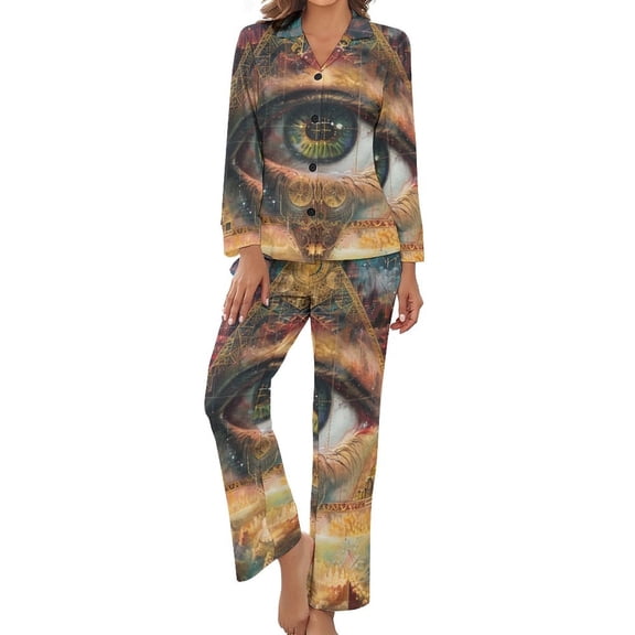 PoBuds Women's Long Sleeve Flannel Pajama Set Sleepwear Multi-Dimensional All Seeing Eye XL
