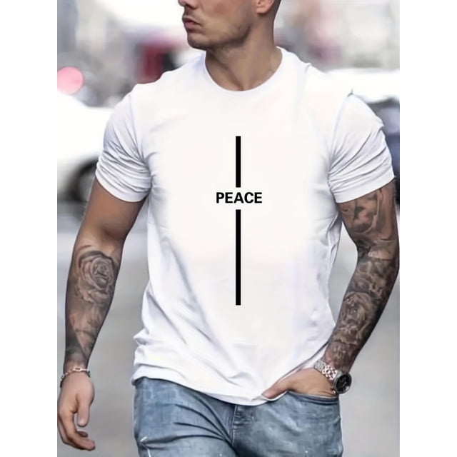 Men's Street Style T-Shirts, Fashion Letter Print "peace" Elastic Crew Neck Short Sleeves For Summer Tee For Adult, Men, Women, Teen, Teenager, Adolescent,Youth