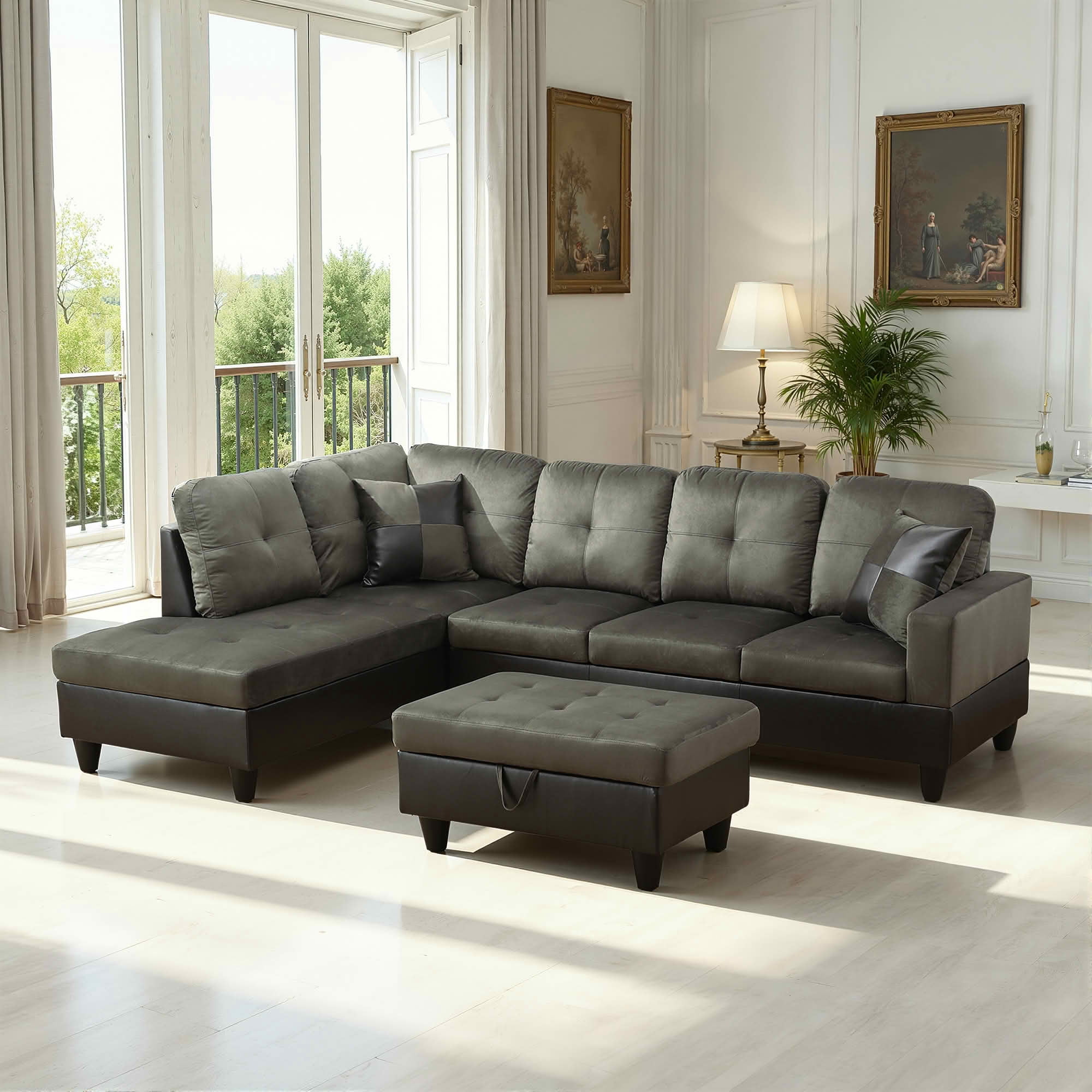 MAYEERTY 103.5" Taupe Flannel & PVC Faux Leather L-Shaped Sectional Sofa, 3 Piece Tufted Corner Couch with Storage Ottoman Solid Wood Frame