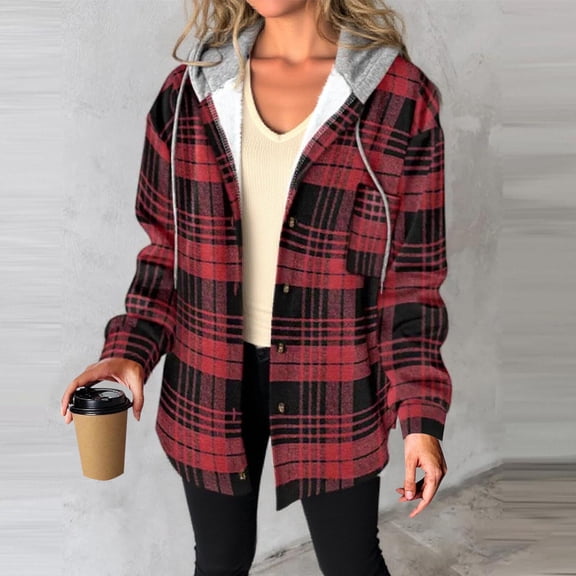 SwiftWear Women's Plaid Shirt Jacket Warm Hooded Fleece Coat Button Pocket Casual Outerwear Thick Cozy Shacket, Burgundy
