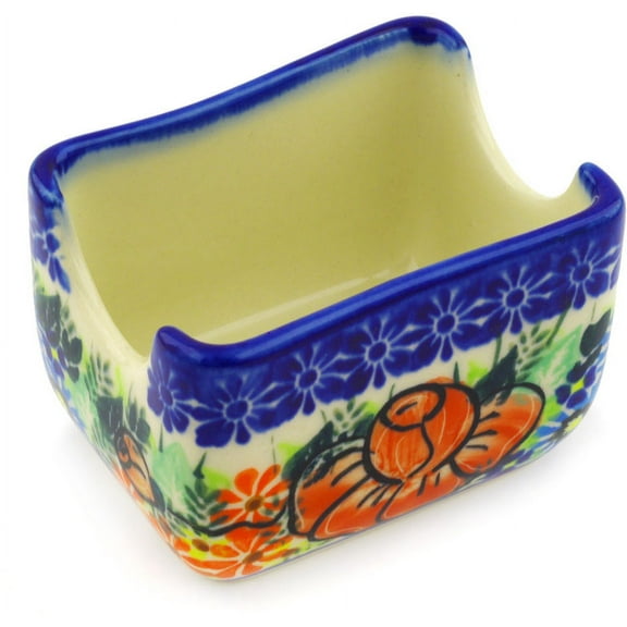 Polish Pottery 3½-inch Sugar Packet Holder (Bold Poppies Theme) Signature UNIKAT Hand Painted in Boleslawiec, Poland   Certificate of Authenticity