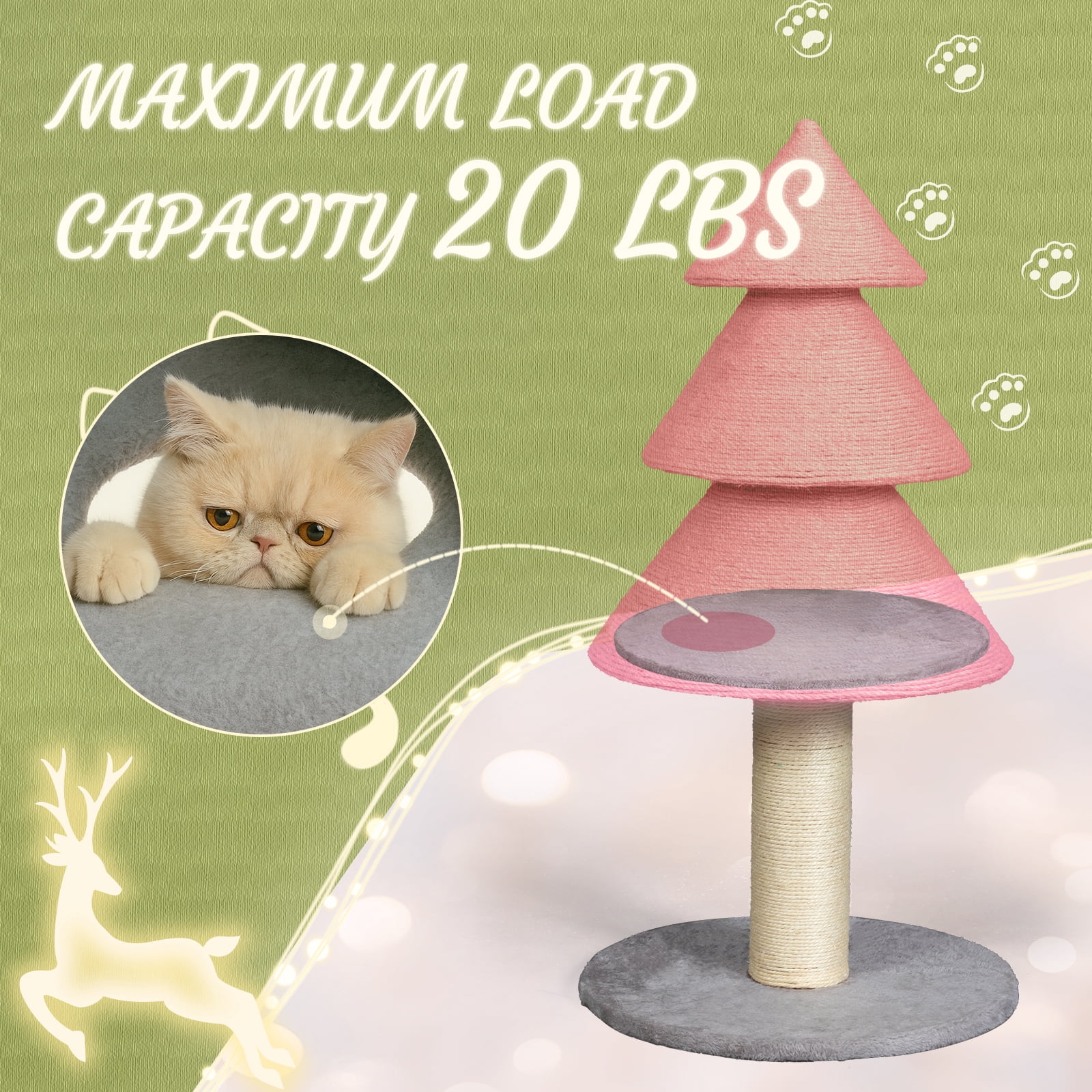 Zimtown Large Christmas Tree Cat Scratching Post, 31.5-Inch Tall Sisal Scratcher for Indoor Cats, with Toy Ball, Pink