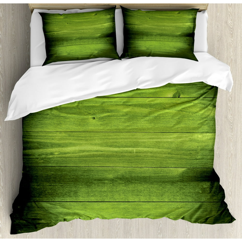 Forest Green King Size Duvet Cover Set, Horizontal Wooden Planks Rough