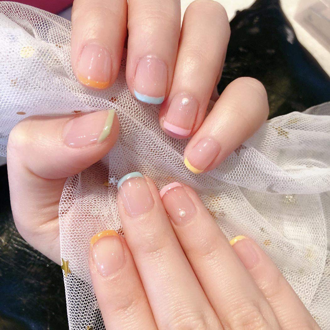 French Press On Nails Short Fake Nails Nude Square False Nails Pearl Full Coveer Nails Multi Color Edge Acrylic Nails For Women And Girls 24pcs Walmart Com Walmart Com