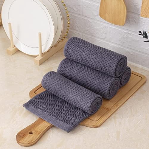 100% Cotton Waffle Weave Kitchen Towels, 13 x 28 Inches Super Absorbent and Machine Washable Dish Towels for Drying Dishes, 4-Packs, Dark Grey
