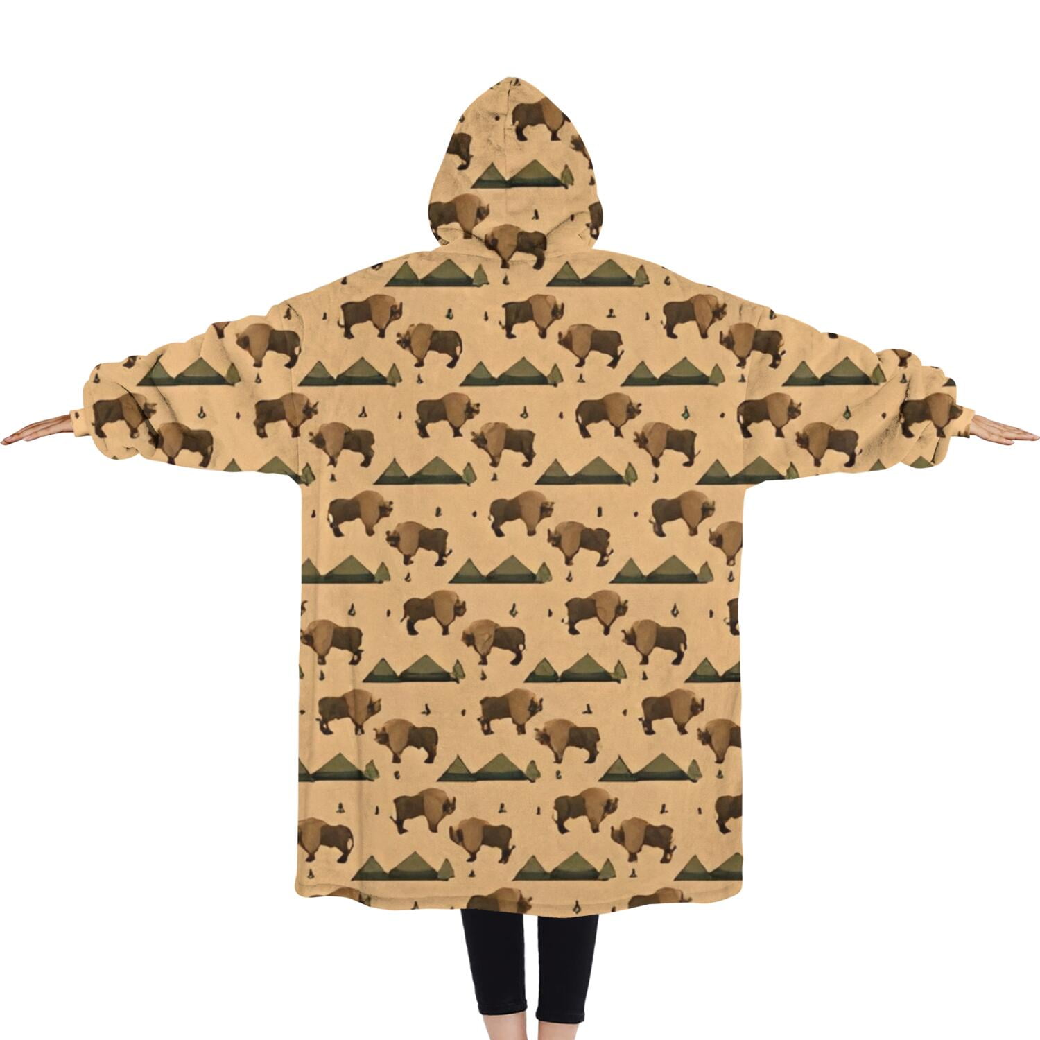 Oversized Wearable Blanket Hoodie,Beige Buffalo Pattern Sherpa Blanket Hoodie with Super Pockets,Super Warm Fuzzy Pullover for Women & Men