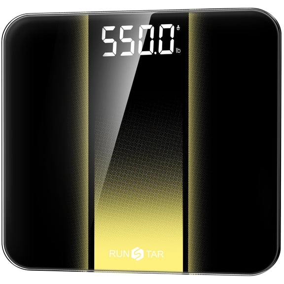 RunStar 14 Inch Digital Bathroom Scale 550lbs Extra Wide Platform, Highly Accurate Body Weight Scale with Large LED Display, Baby Pet Mode, 8mm Tempered Glass, Black Gold