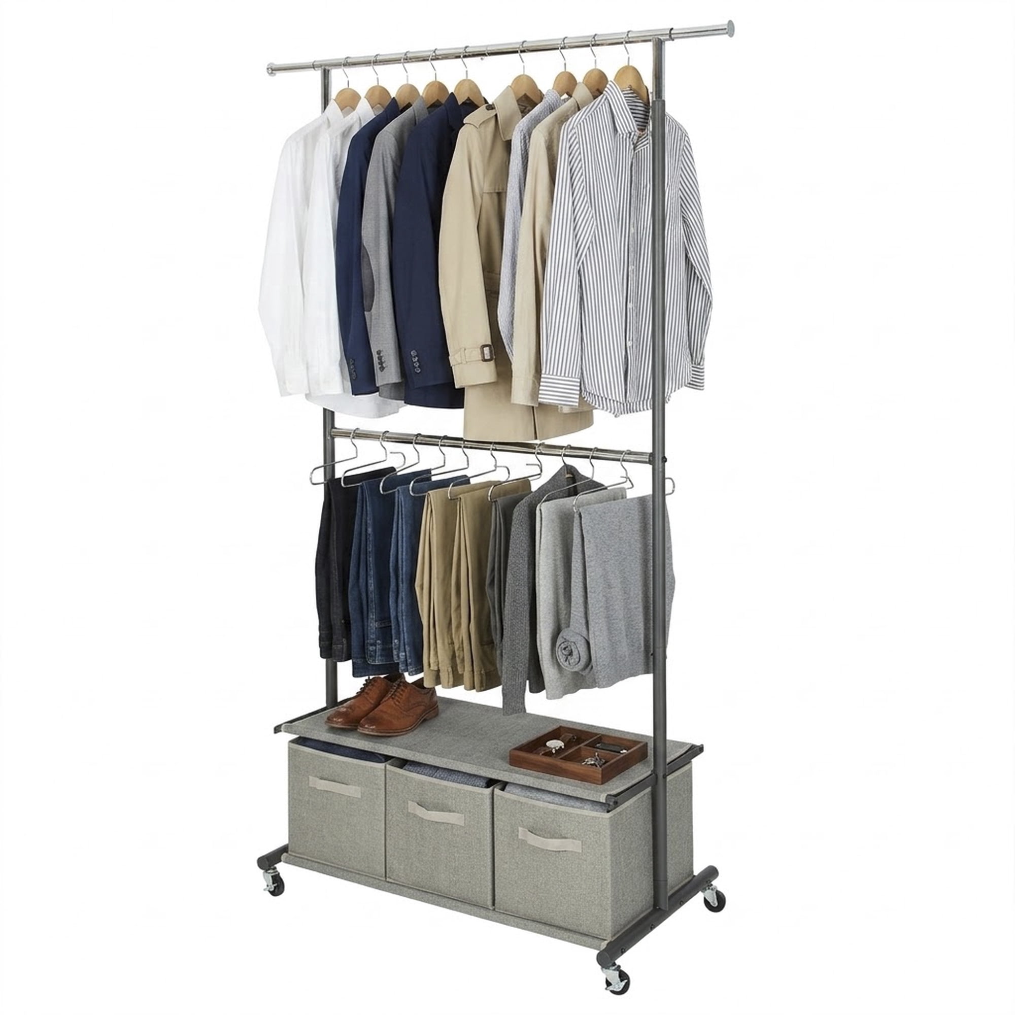 Better Homes & Gardens 2-Tier Metal Rolling Garment Rack with 3 Drawer Closet Organizer, Gray
