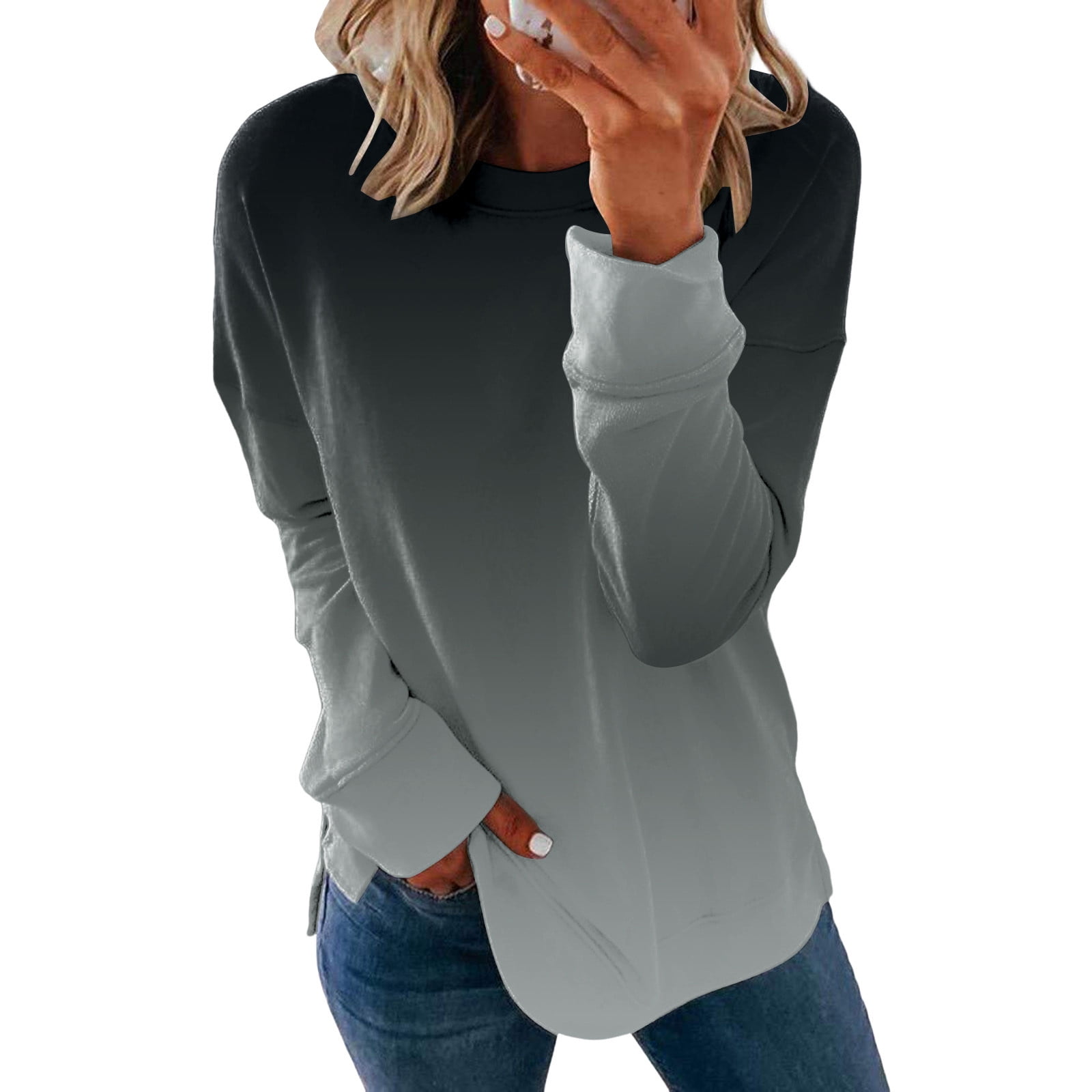 WRKEKC Women's Ombre Dyed Crewneck Pullover, Long Sleeve Casual
