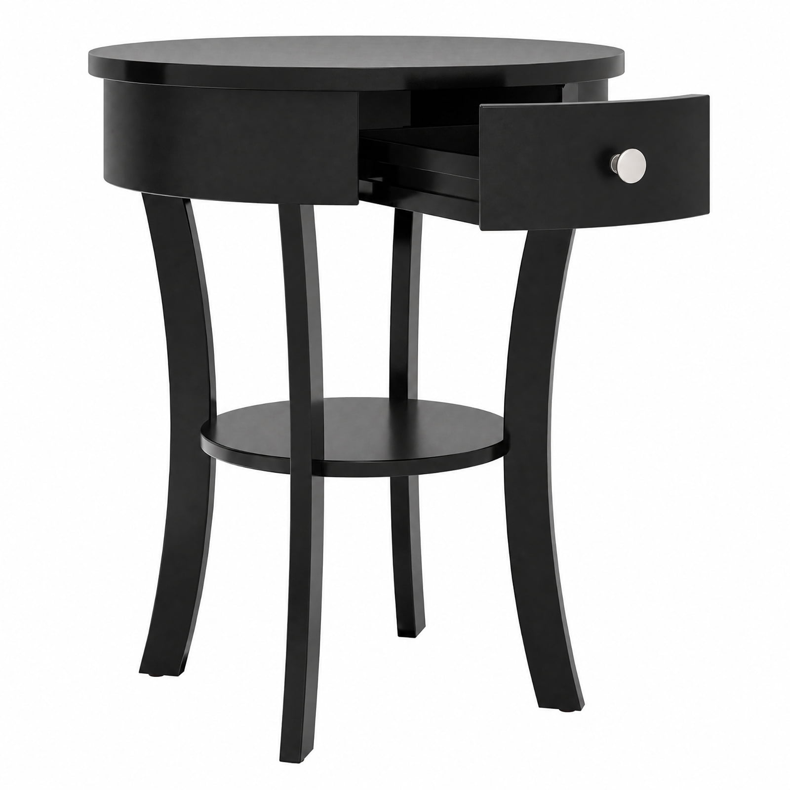 Furnibear 2 Tier Round End Table with Open Drawer and Storage Shelf for Living Room Bedroom and Bedside Accent Space, Black