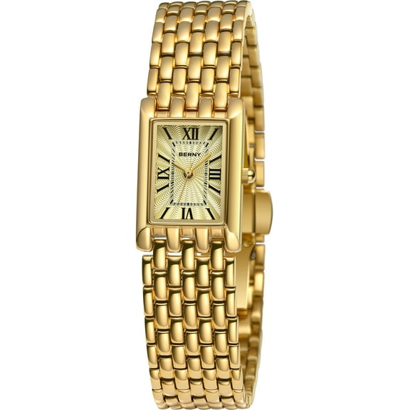 BERNY Small Gold Watches for Women, Luxury Vintage Rectangular Case Roman Dial, Dainty Stainless Steel Bracelet Watch, Adjustment Tool Included, Waterproof, Womens Gold Watch Gifts (Gold)
