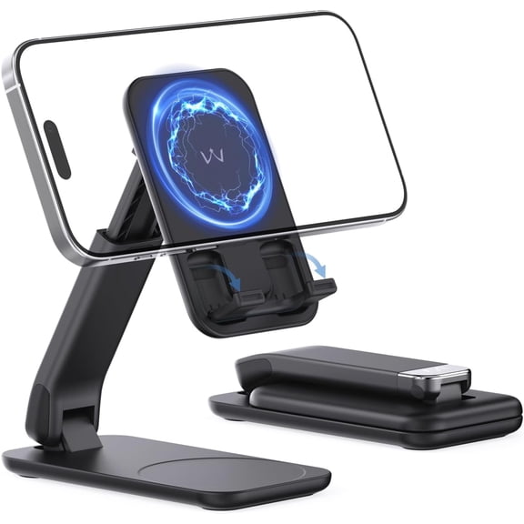Magnetic Cell Phone Stand for Desk, Angle and Height Adjustable Mobile Phone Holder, Foldable Magnet Stand for iPhone 16 15 14 13 12 Pro Max and iPad, Cell Phone Holder for Samsung Galaxy, Black