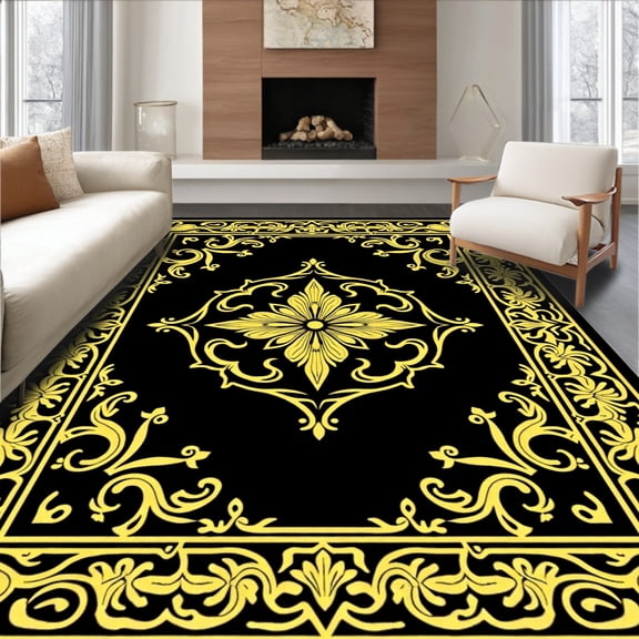 ODIKA 4' x 6' Machine Washable Non-Slip Area Rug, Baroque Medallion High Traffic Rug, Black, 531557