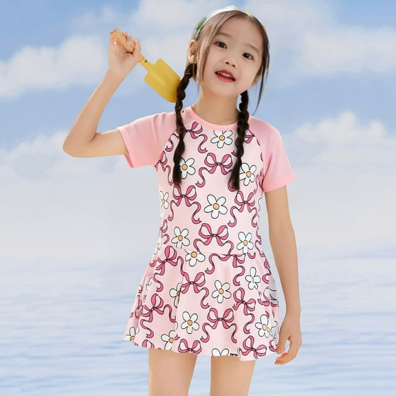 Delliss Toddler Girls cute bow print short sleeved Swimsuit One Piece Cute Floral Dress Swimwear 3-7 Years
