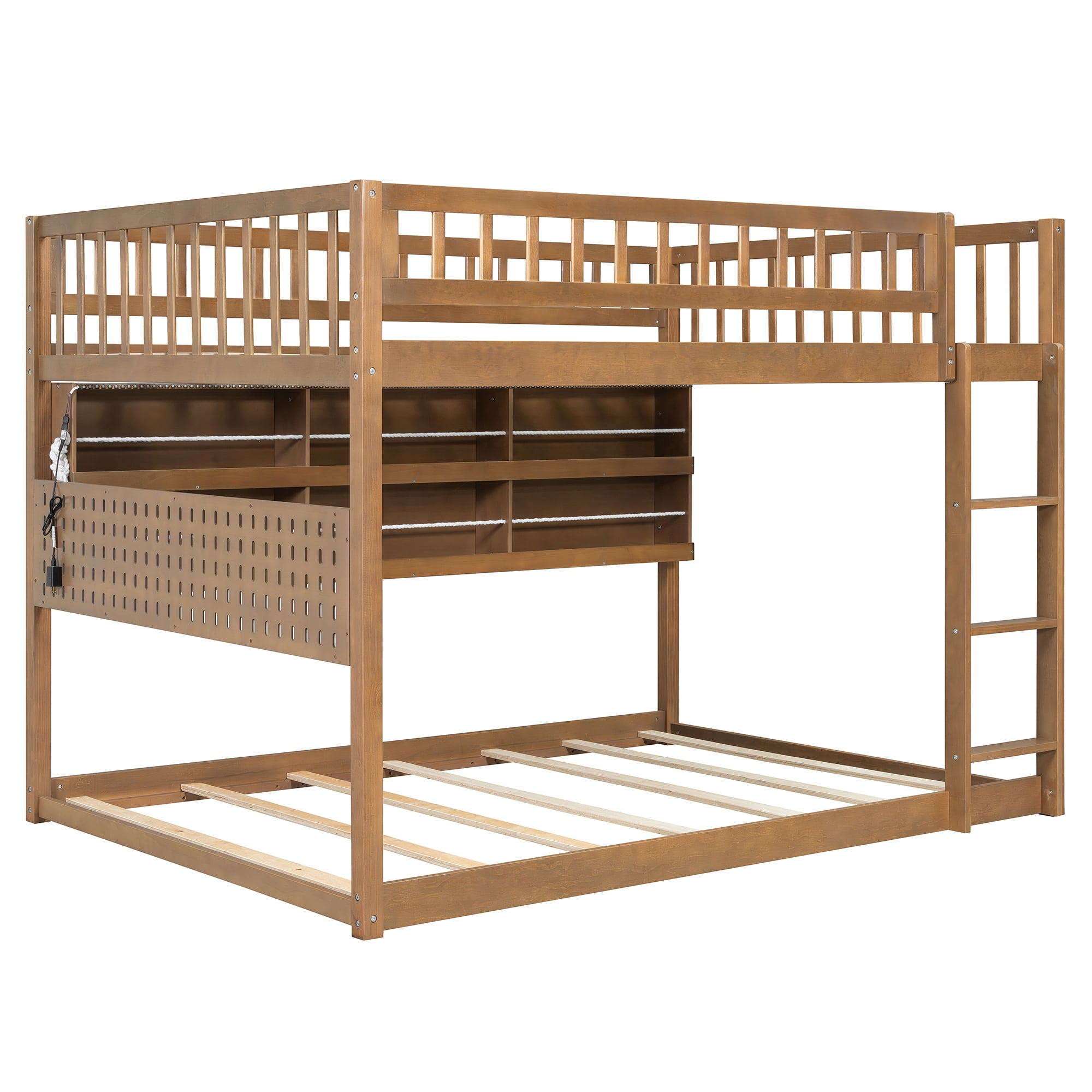 Full over Full Wood Bunk Bed with Integrated Side Storage Shelves and Pegboard, Solid Wood Bunk Bed Frame with Color-Changing Lights and Safety Guardrails for Teens, Adults, Guests