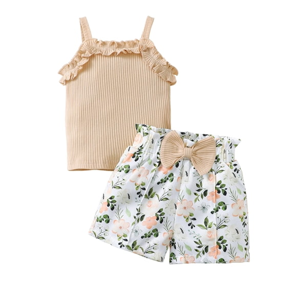 6 Months Baby Girls Clothes 12 Months Girls 2PCS Summer Outfits Set Flower Print Infant Girls Sleeveless Top Shorts Set Khaki