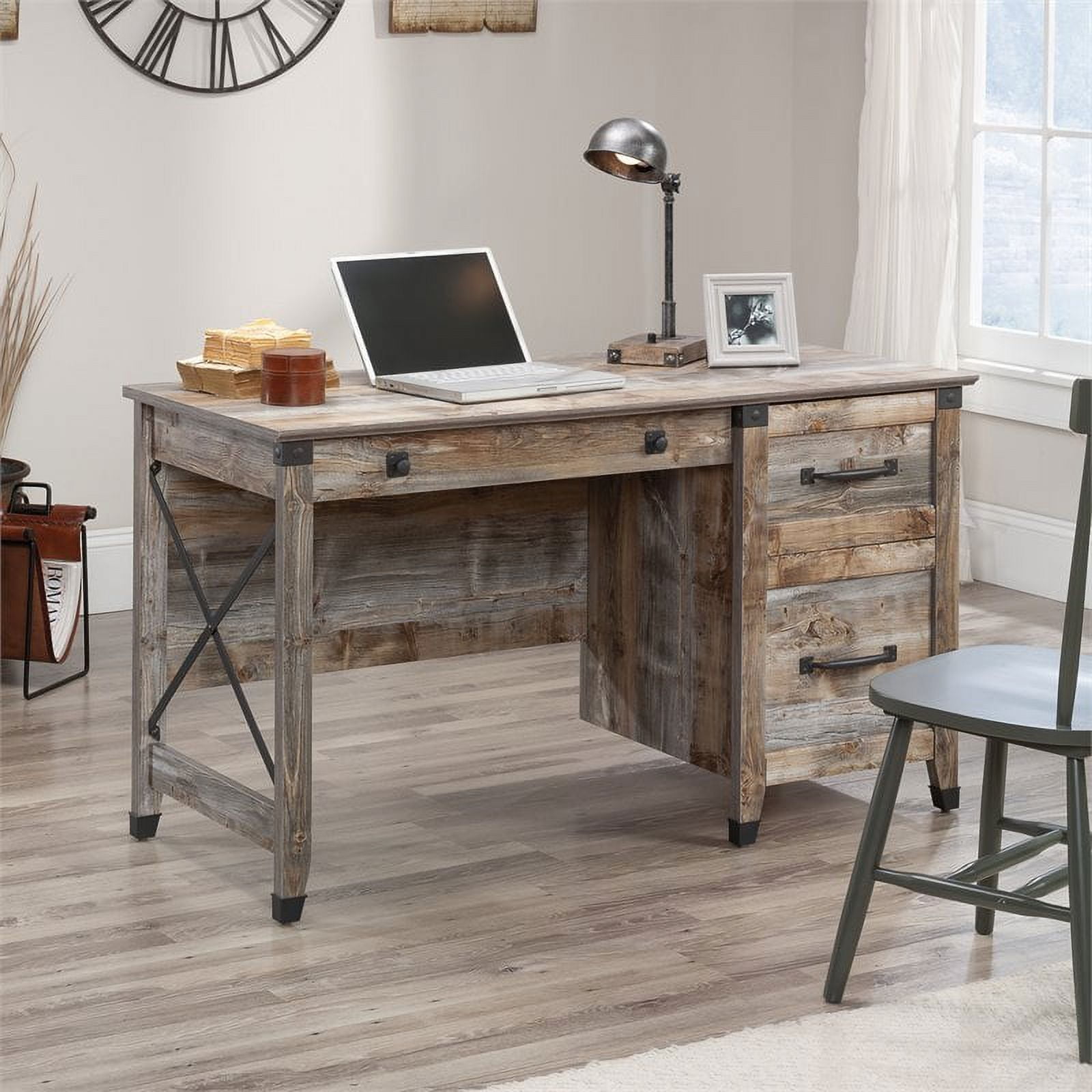 Sauder Carson Forge Single Pedestal Desk with Drawers Rustic Cedar Finish