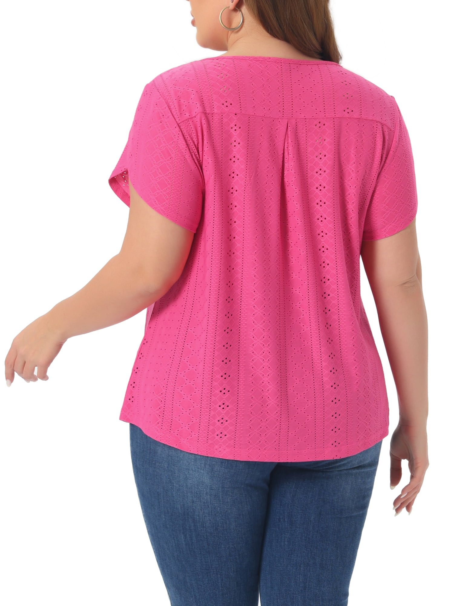 Women's Plus Petal Sleeve Keyhole Neck Loose Fit Casual Top for Women 3X Hot Pink