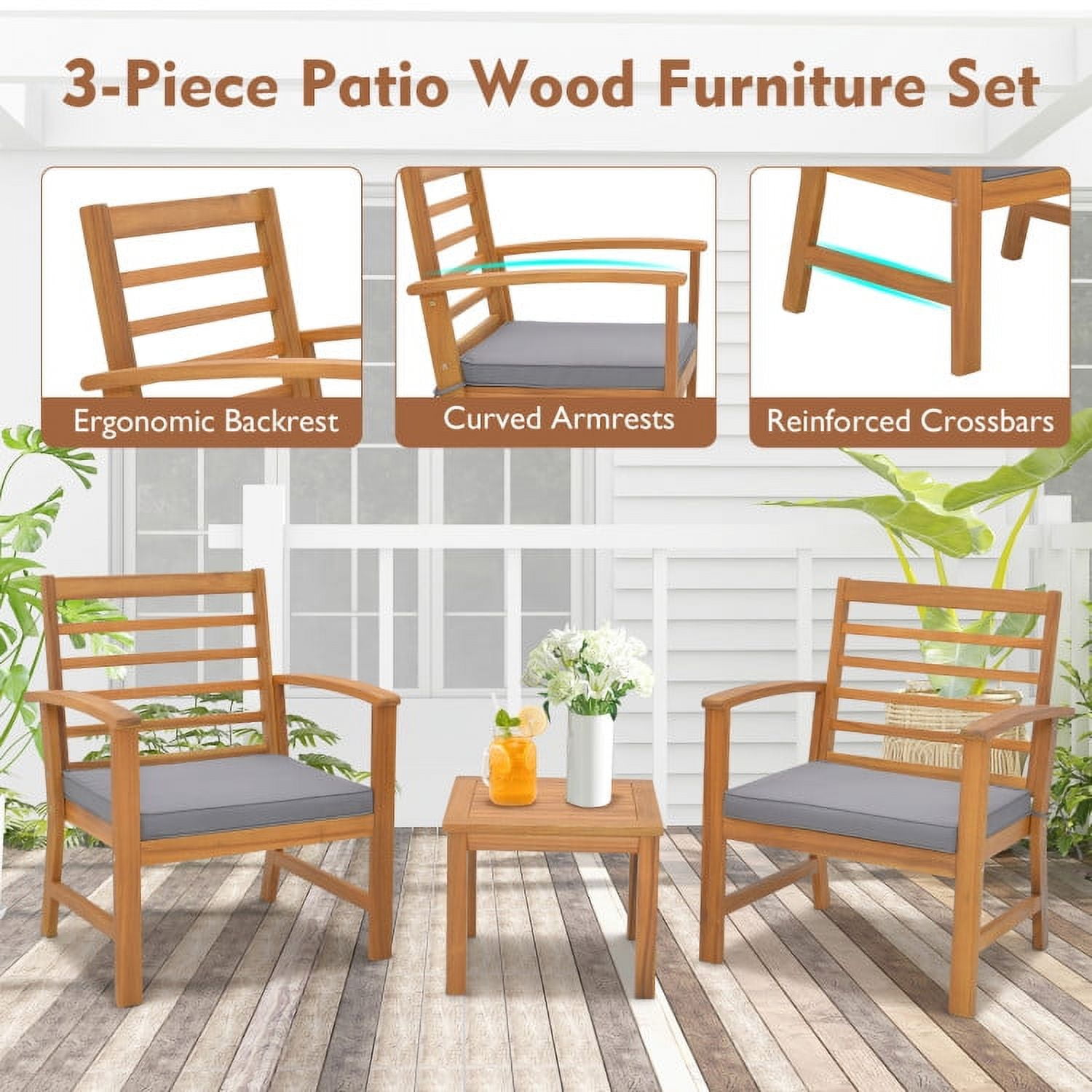 Aimee Lii 3 Pieces Outdoor Furniture Set with Stable Acacia Wood Frame, Patio Furniture Sets, Gray