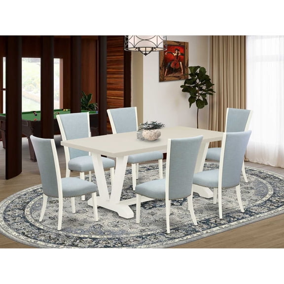 East West Furniture V027VE215-7 7-Piece Mid Century Dining Set - 6 Baby Blue Linen Fabric Parson Dining Chairs with Nail Heads and Linen White Wooden Table - Linen White Finish