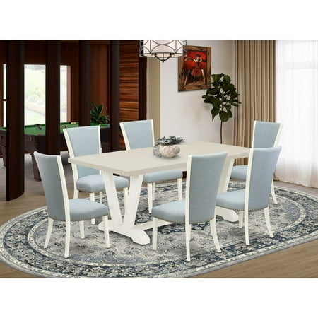 East West Furniture V027VE215-7 7-Piece Mid Century Dining Set – 6 Baby Blue Linen Fabric Parson Dining Chairs with Nail Heads and Linen White Wooden Table – Linen White Finish