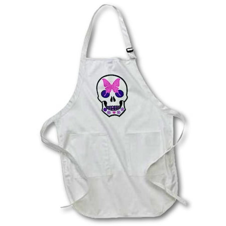 

3dRose Sugar Skull With A Pink Butterfly and Flowers - Full Length Apron 22 by 30-inch Black with Pockets