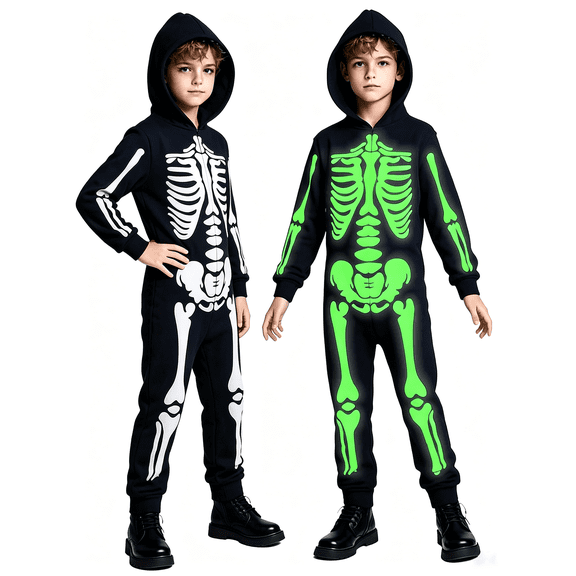AoDai Children's luminous skeleton one-piece costume - Halloween character costume with hooded skeleton cosplay outfit - party performance attire