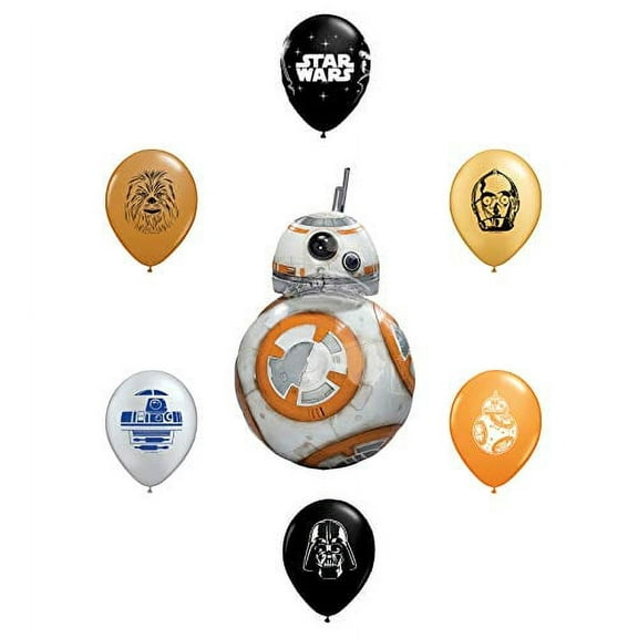 33" BB8 Foil Balloon and 6pc Star Wars 11" Character Print Latex Balloons Chewbacca, Darth Vader, C3PO, R2D2, BB8, Yoda
