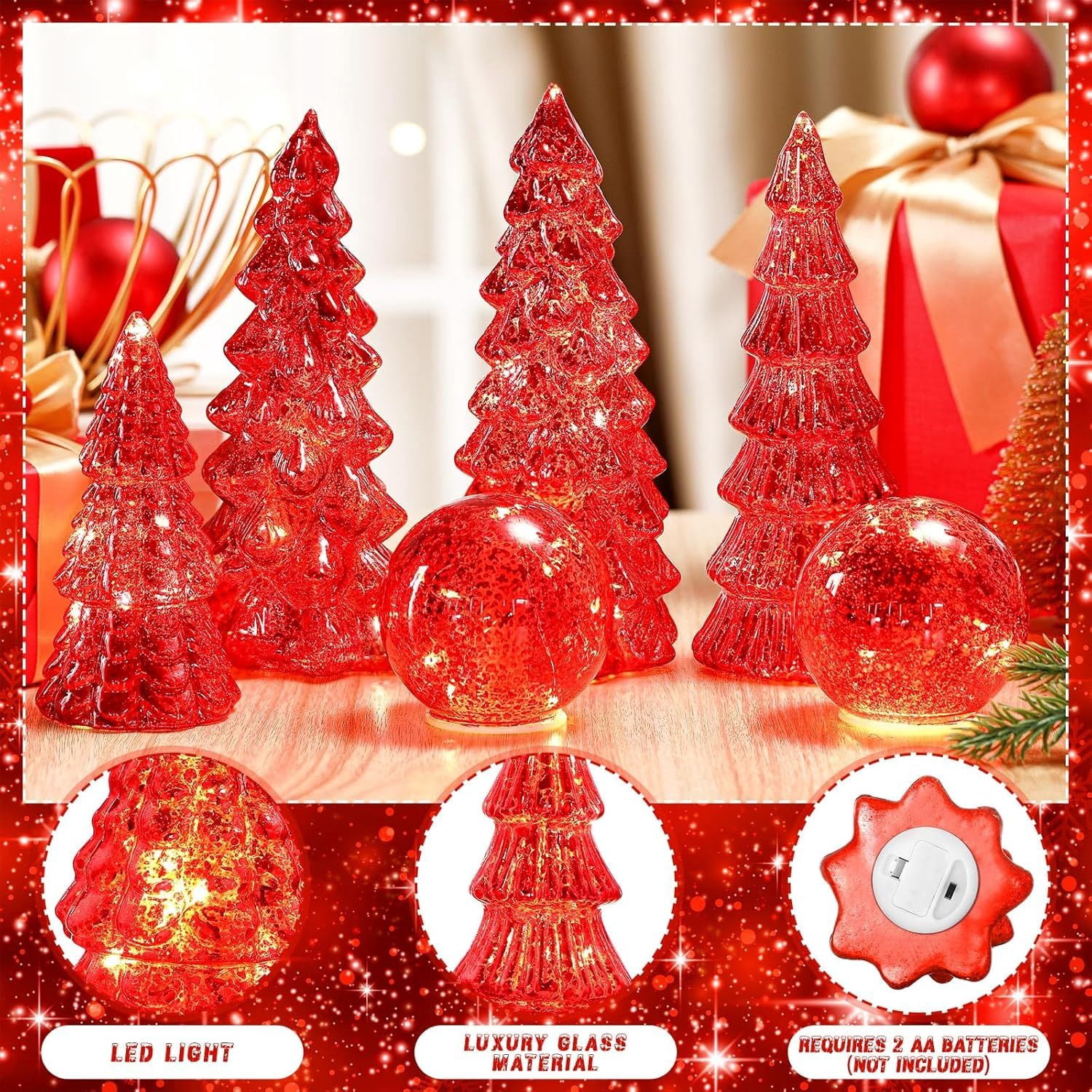 6 Pcs Mercury Glass Christmas Tree for Tabletop Light up Figurine Christmas Tree Mercury Cracked Glass Globe with Light for Xmas Decor Home Party Centerpiece Mantel Gift