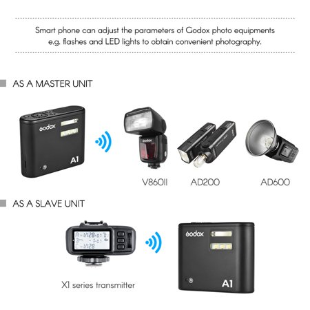 Godox A1 Phone Flash 6000K Flash Speedlite w/ 5600K LED Modeling Lamp OLED Display Godox 2.4G Wireless X System Support Phone APP Remote Control Master Slave (Best App To Backup Phone)