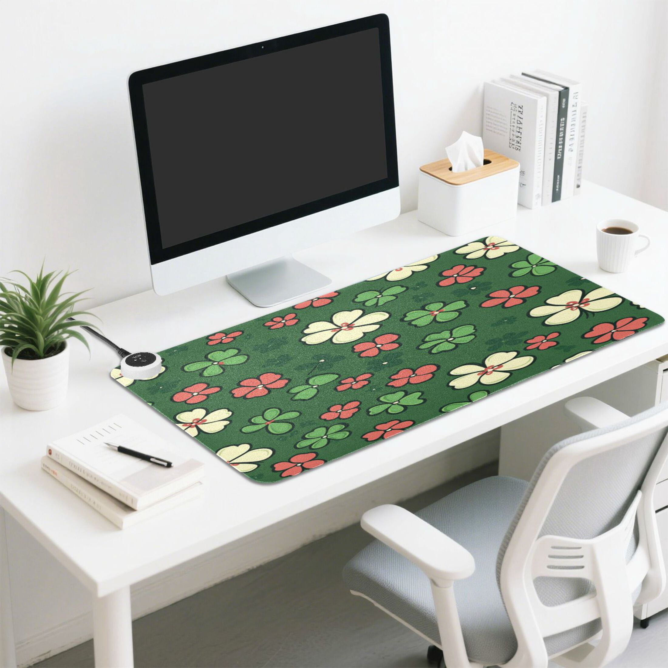 Wobogo Colorful Clovers Heated Mouse Pad Extra-Large Desk Mat With 3 Heating Levels and 3-hour Auto Shut-Off Protection Ideal for Computer Keyboards Home Office Hand-warming Essential 31.5in × 13in