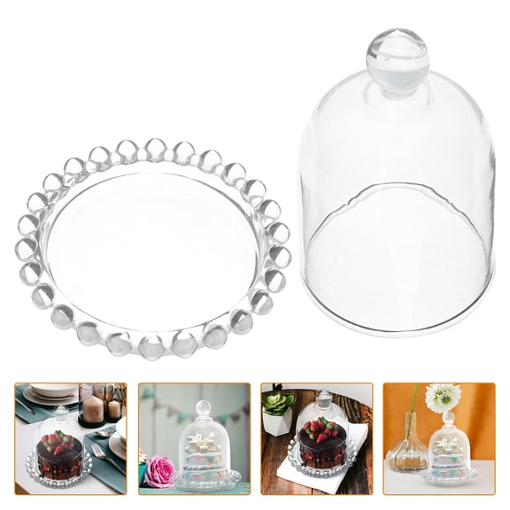 NUOLUX Glass Cake Dome Stand with Footed Plate, Dessert Display Cover, Cupcake Cloche Lid, Mini Bell Jar Food Server Tray