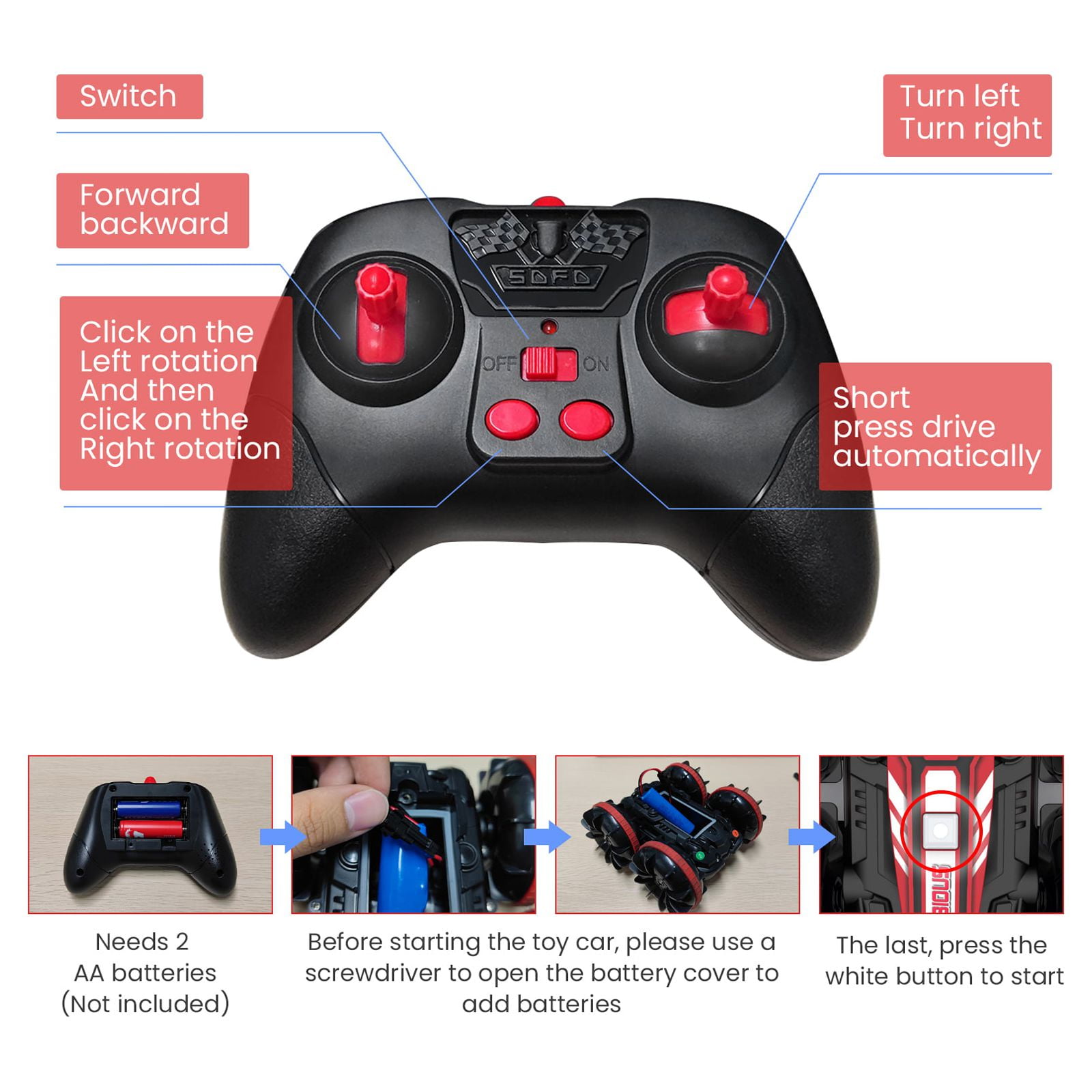 VILINICE Remote Control Car, 4WD RC Car with Double-Sided Driving, Land Water 2 in 1 Stunt Car, Toy Car for Boys & Girls, Gifts for Kids, Red
