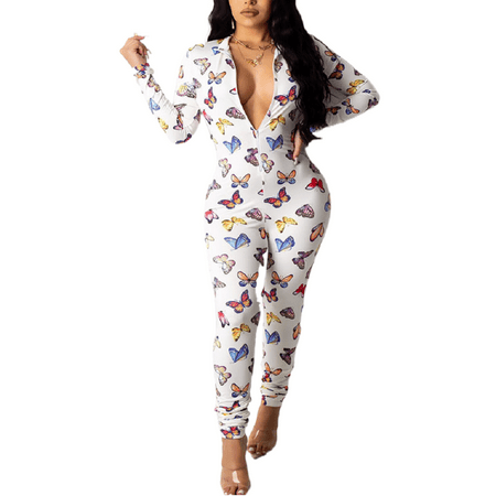 

Women s Deep V Neck Jumpsuits Autumn Spring Long Sleeve Bodycon Rompers Zipper Butterfly Print Pajamas Christmas Pjs Overalls Party Club