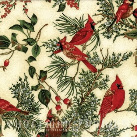Cardinal Carols~Natural/Gold Christmas Cotton Fabric by Hoffman