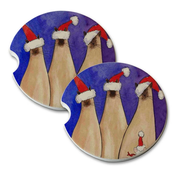 KuzmarK Sandstone Car Drink Coaster (set of 2) - Siamese Kitties and White Mouse in Santa Hats Christmas Cat Art by Denise Every