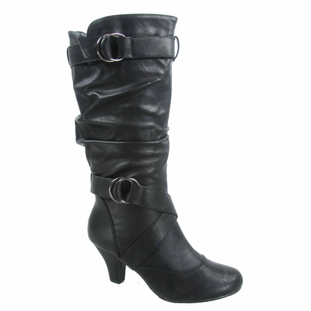 Maggie-39 Bottes Décontractées Mi-Mollet à Bout Rond à Talons Hauts à Fermeture Éclair pour Femmes