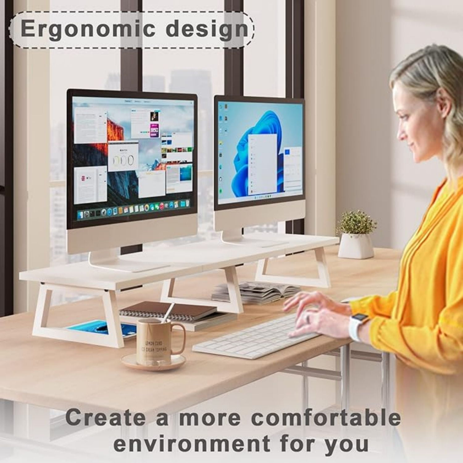 42 inch  Monitor Riser for 2 Monitors, Wood Desktop Dual Stand with Metal Legs, Long Screen/PC/Laptop Storage,Computer Shelf TV Holder Home Office